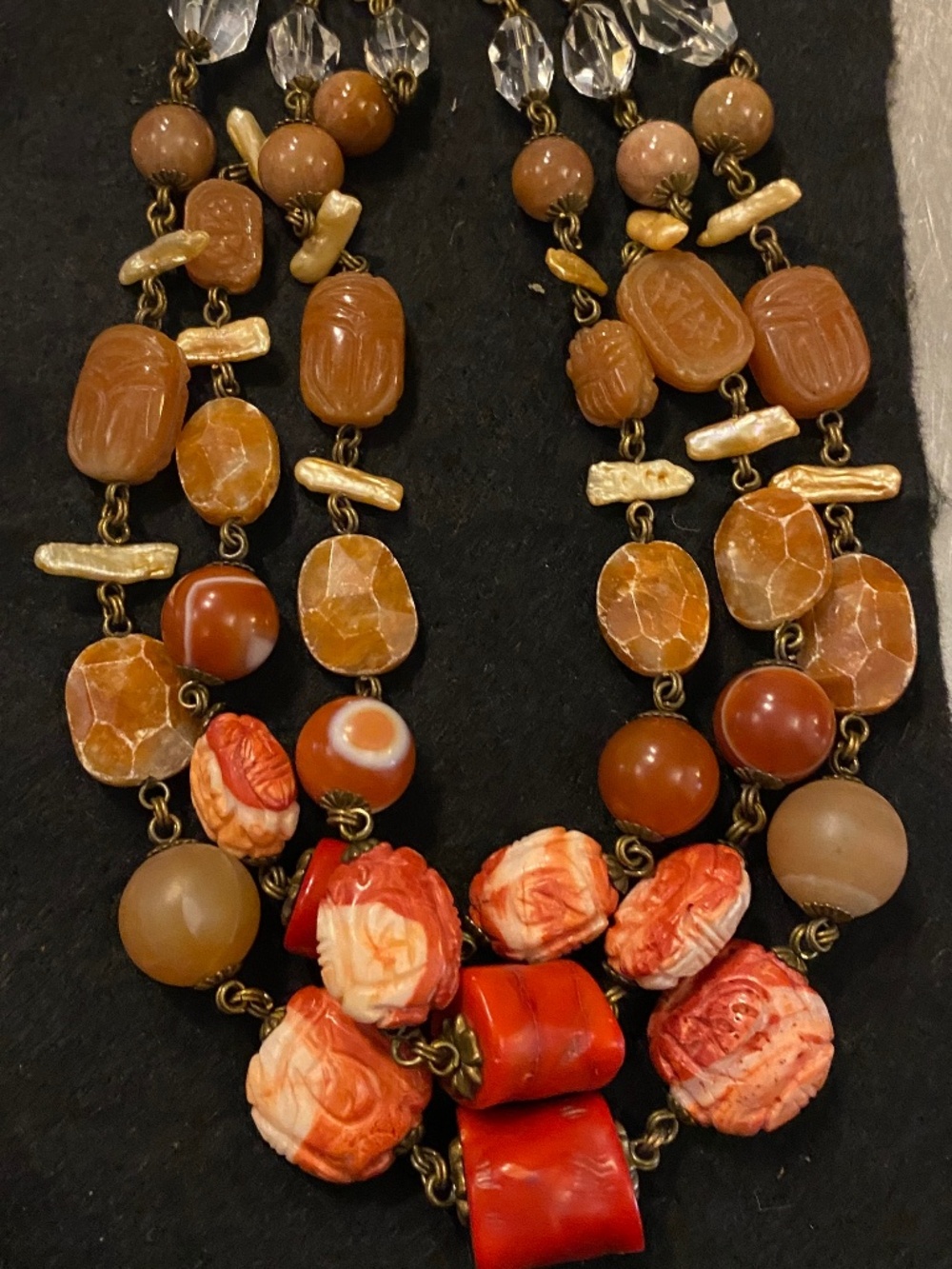 Vintage Stephen Dweck Coral and Crystal 3 tiered necklace